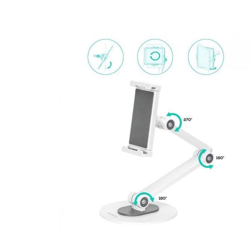 Adjustable white tablet stand with rotating joints and vertical screen holder