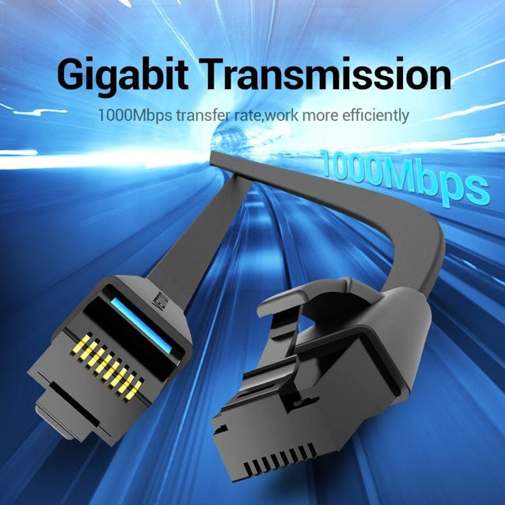 Black RJ45 Ethernet connectors on a flat cable, blue indicator stripe