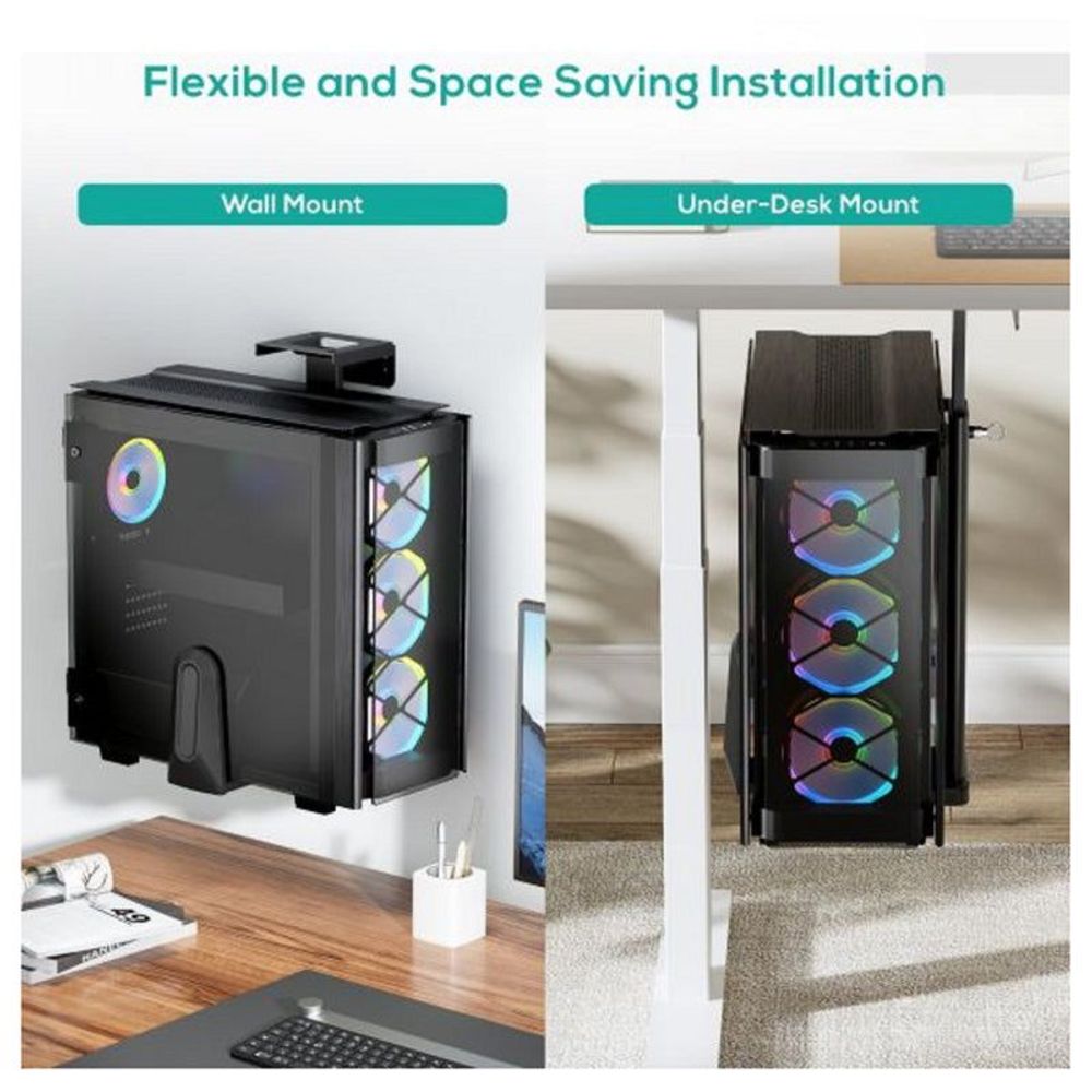 Dual installation PC mount showing wall-mounted and under-desk positions with RGB case