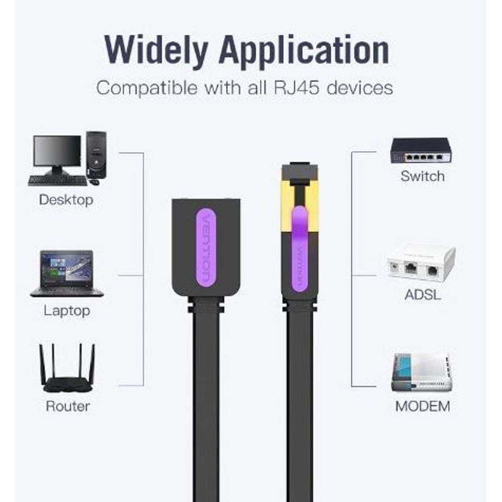 Black flat RJ45 extension patch cable with two RJ45 connectors