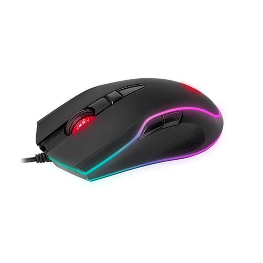 Black gaming mouse with visible left top button and glowing RGB light ring, wired