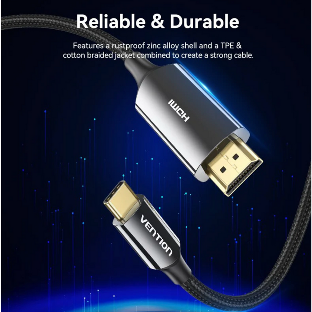 Black cotton-braided USB-C to HDMI-A cable with zinc alloy shells and gold tips