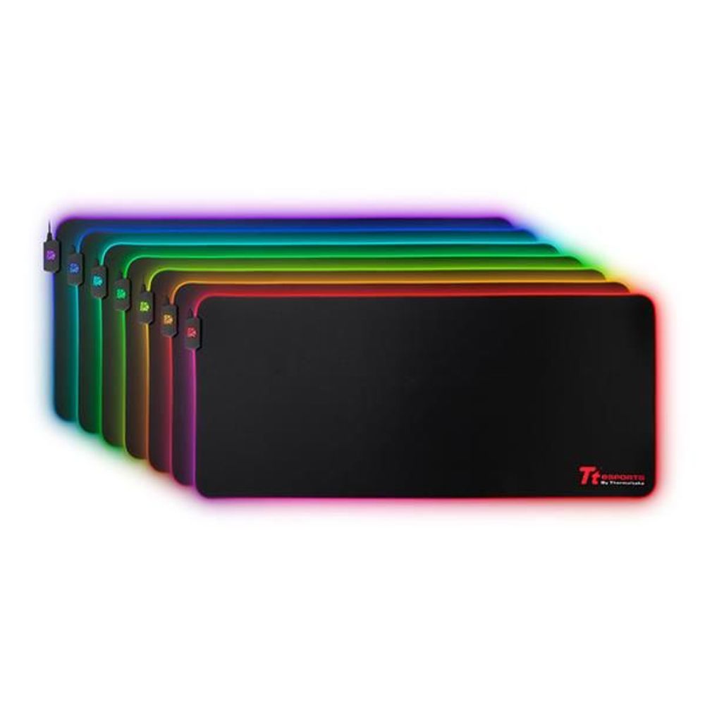 Stacked black speed mouse pads with RGB glow and Tt esports logo