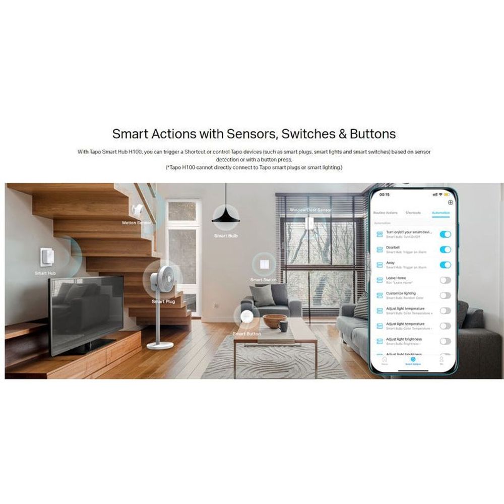 White Tapo smart IoT hub with chime, sensor actions icons over living room scene