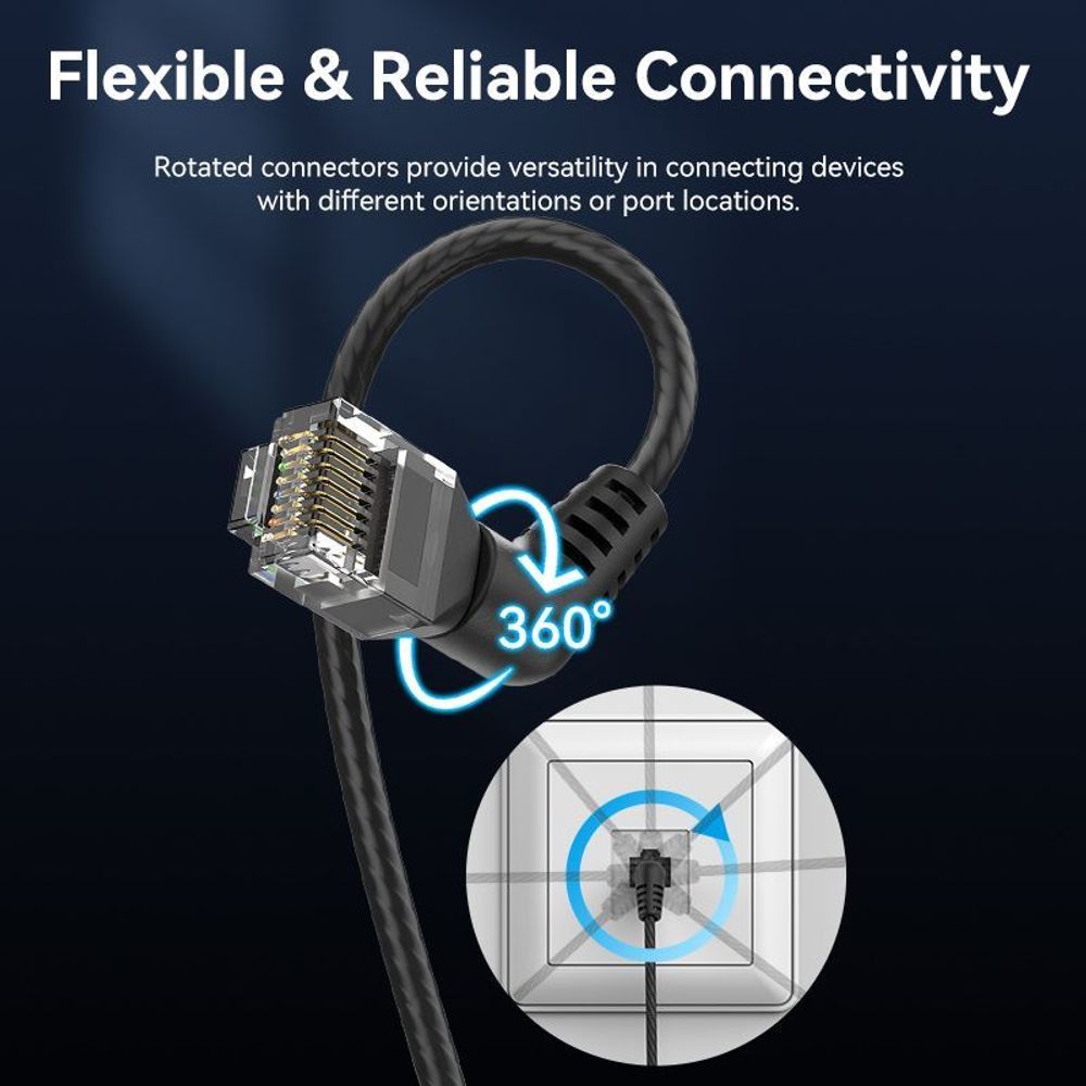 Cat6A Ethernet patch cable with rotated RJ45 connectors showing 360-degree flexibility