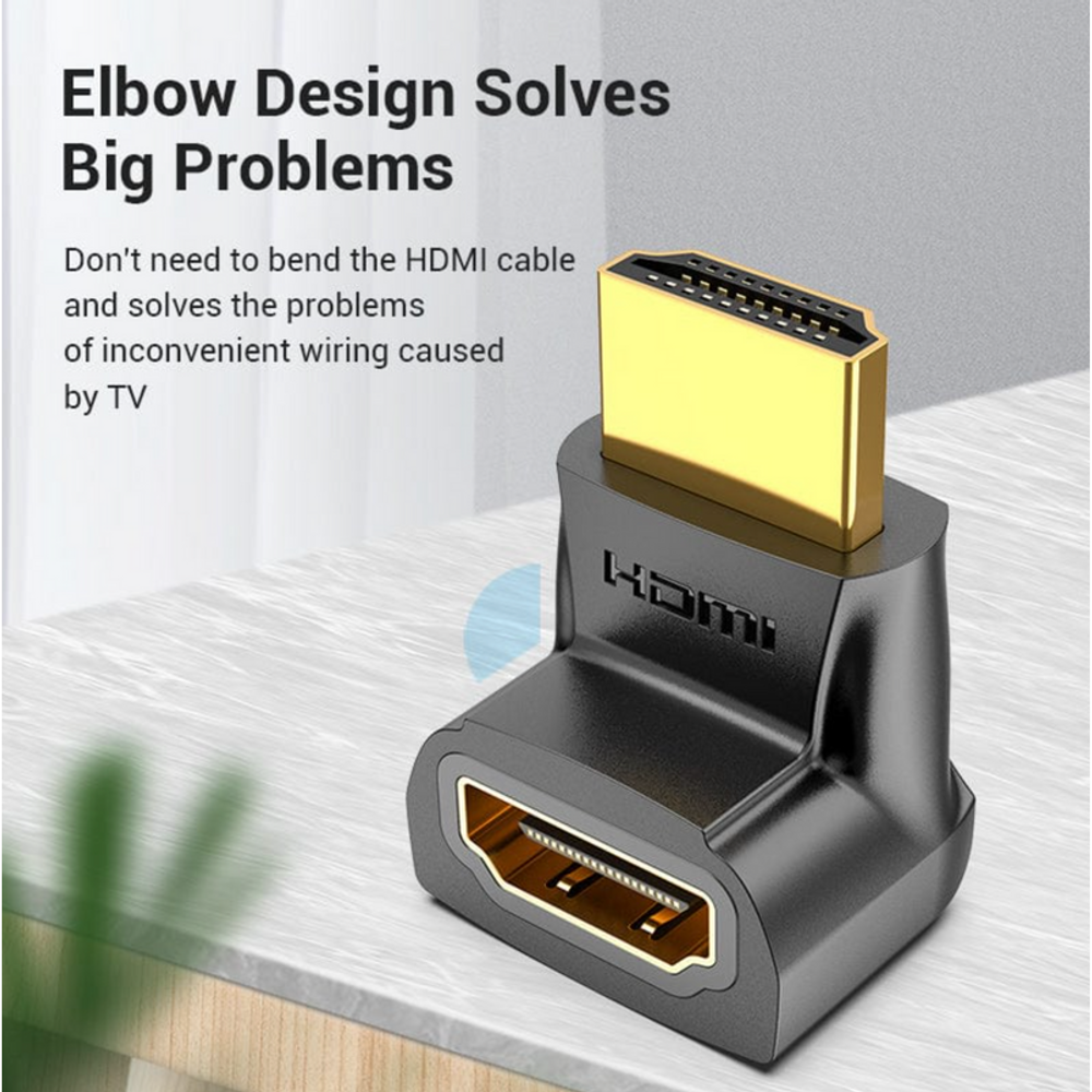 Black HDMI 270° elbow adapter with gold male plug and female port, compact design