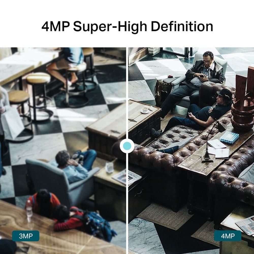 Security camera resolution graphic with split indoor room scenes and 4MP labels