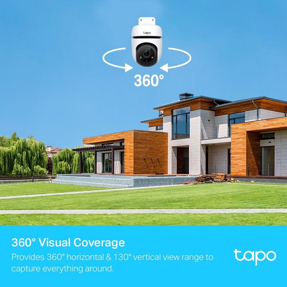 White pan-tilt security camera showing 360° coverage arrows around the lens