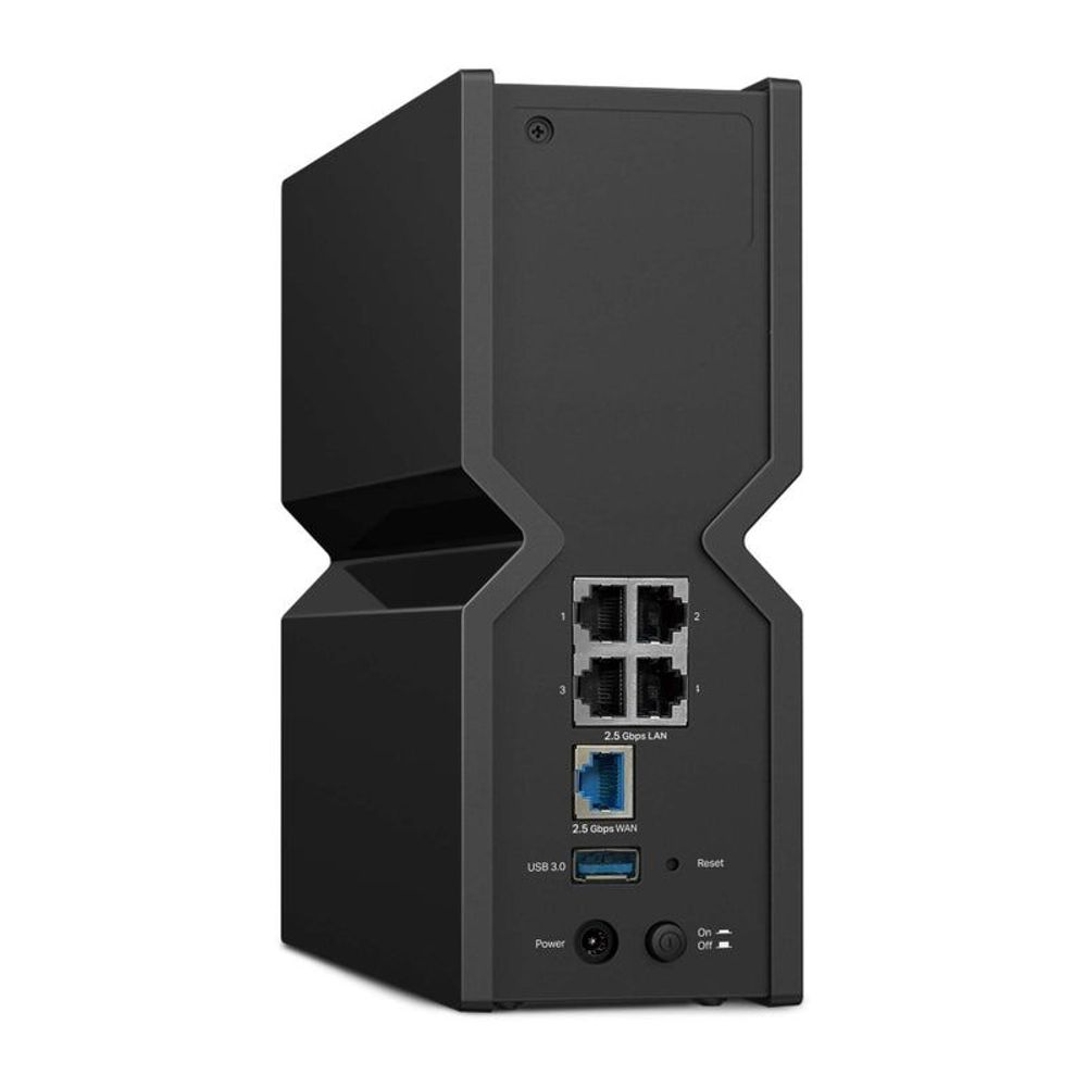 Black TP-Link router rear panel with Ethernet ports and power controls.