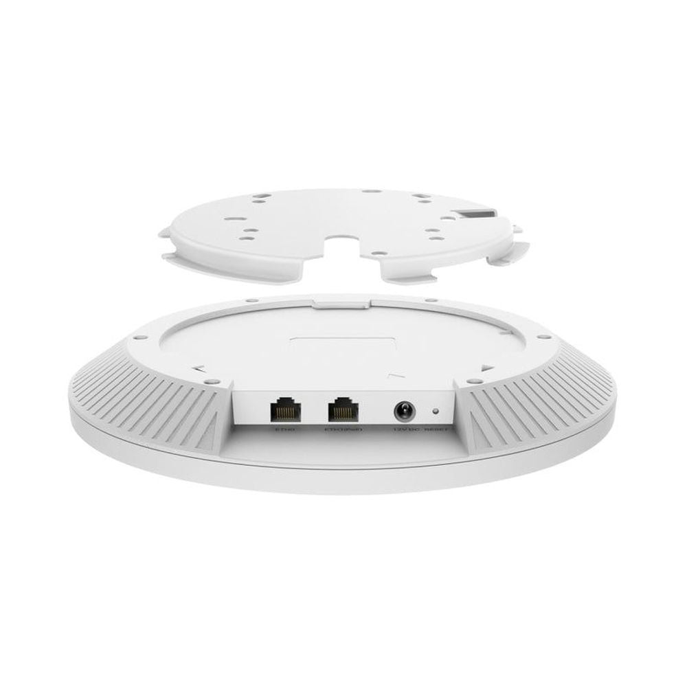 White TP-Link ceiling access point rear panel with Ethernet and power ports