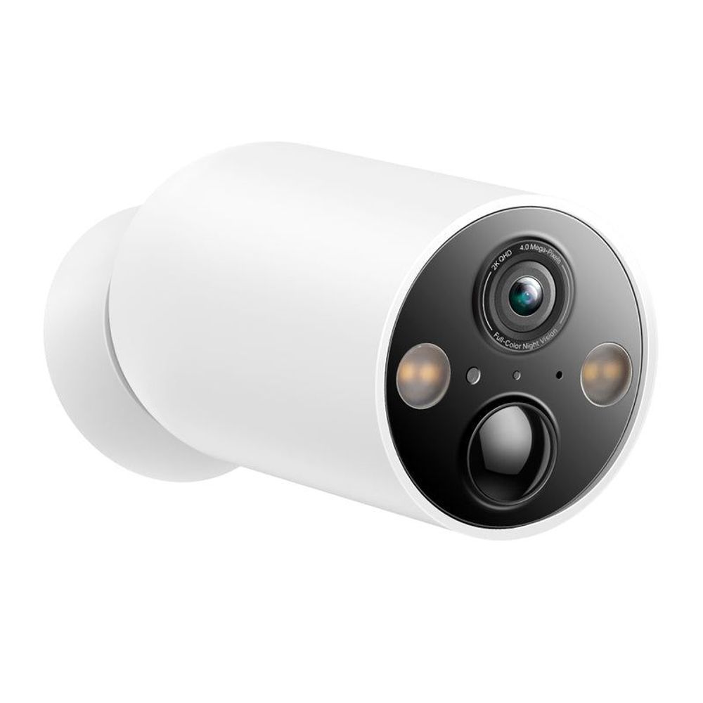 White wire-free security camera side view with black front and built-in lens