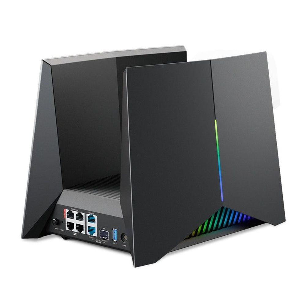 Black gaming router with rear ports panel, dual antennas, and RGB-lit base