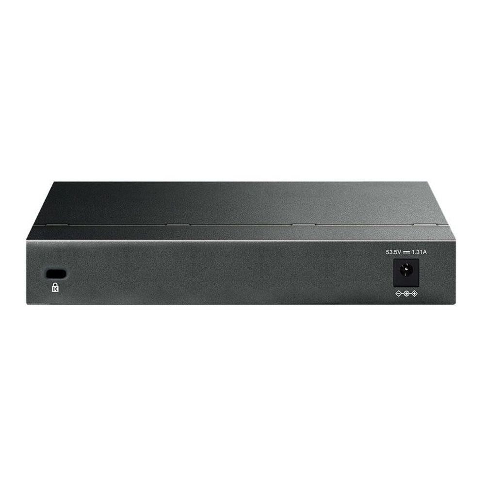 TP-LINK 8-port gigabit PoE switch rear panel view with power and status icons