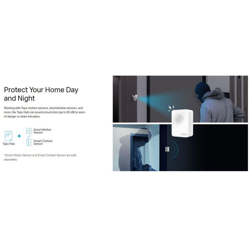 White Tapo smart IoT hub with chime, protect-home icons near a doorway and motion alert