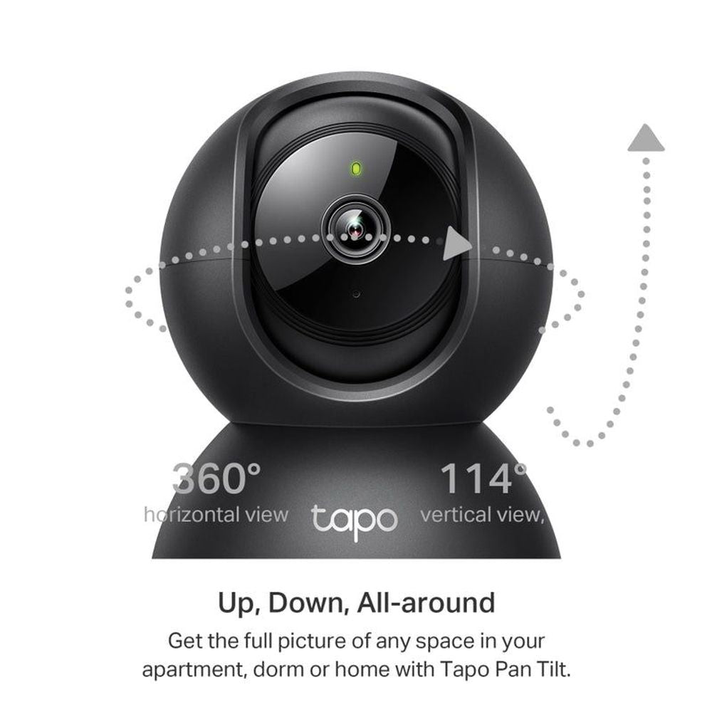 Black indoor pan-tilt security camera with 360° and vertical view indicators