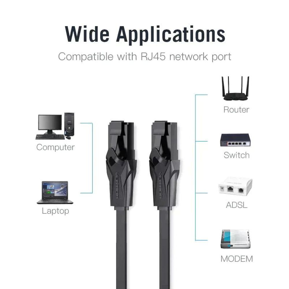 Black CAT6 patch cable with RJ45 connectors for router, switch, modem