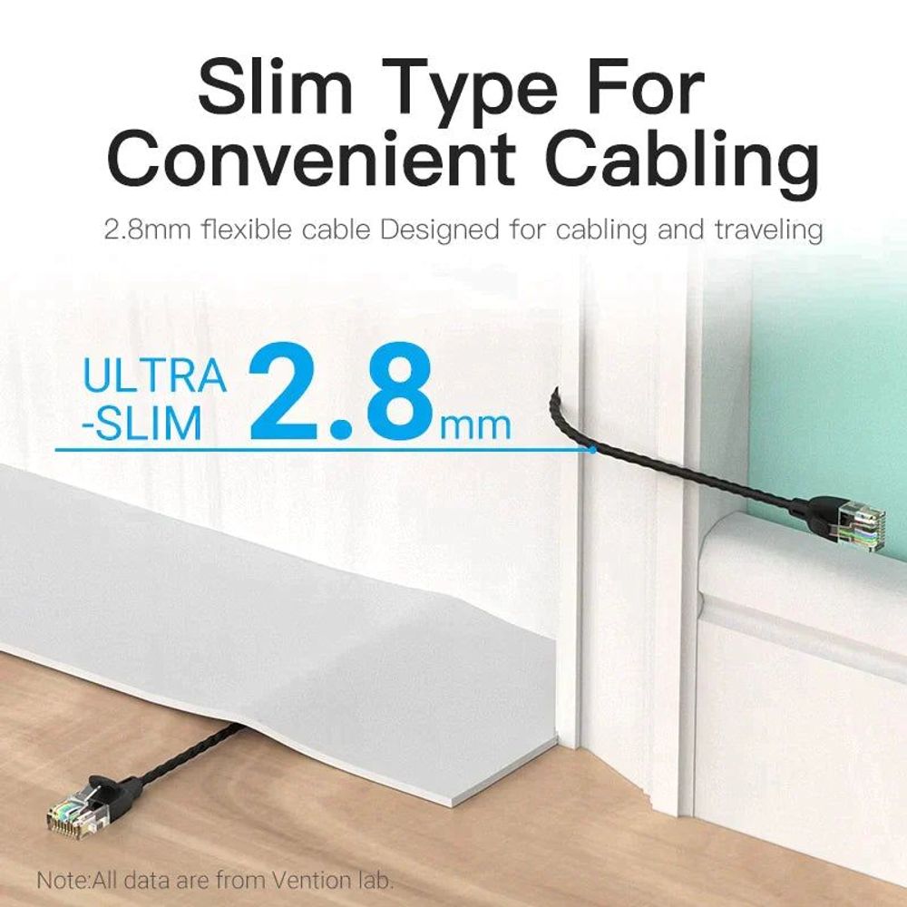Black CAT6a patch cable plugged into an RJ45 port with slim 2.8 mm flexible design
