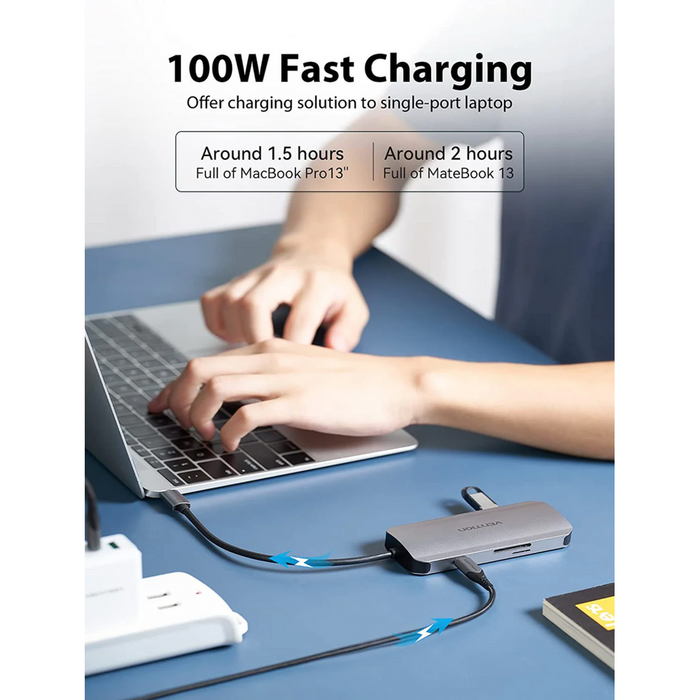 Silver USB-C docking station with fast-charging USB-C power and video connections