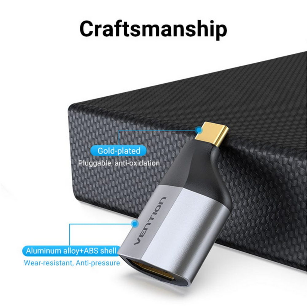 Gray and black Type-C to HDMI adapter with gold-plated plug and braided strain relief