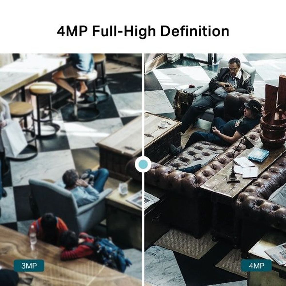 Turret network camera 4MP marketing graphic with split indoor scene views