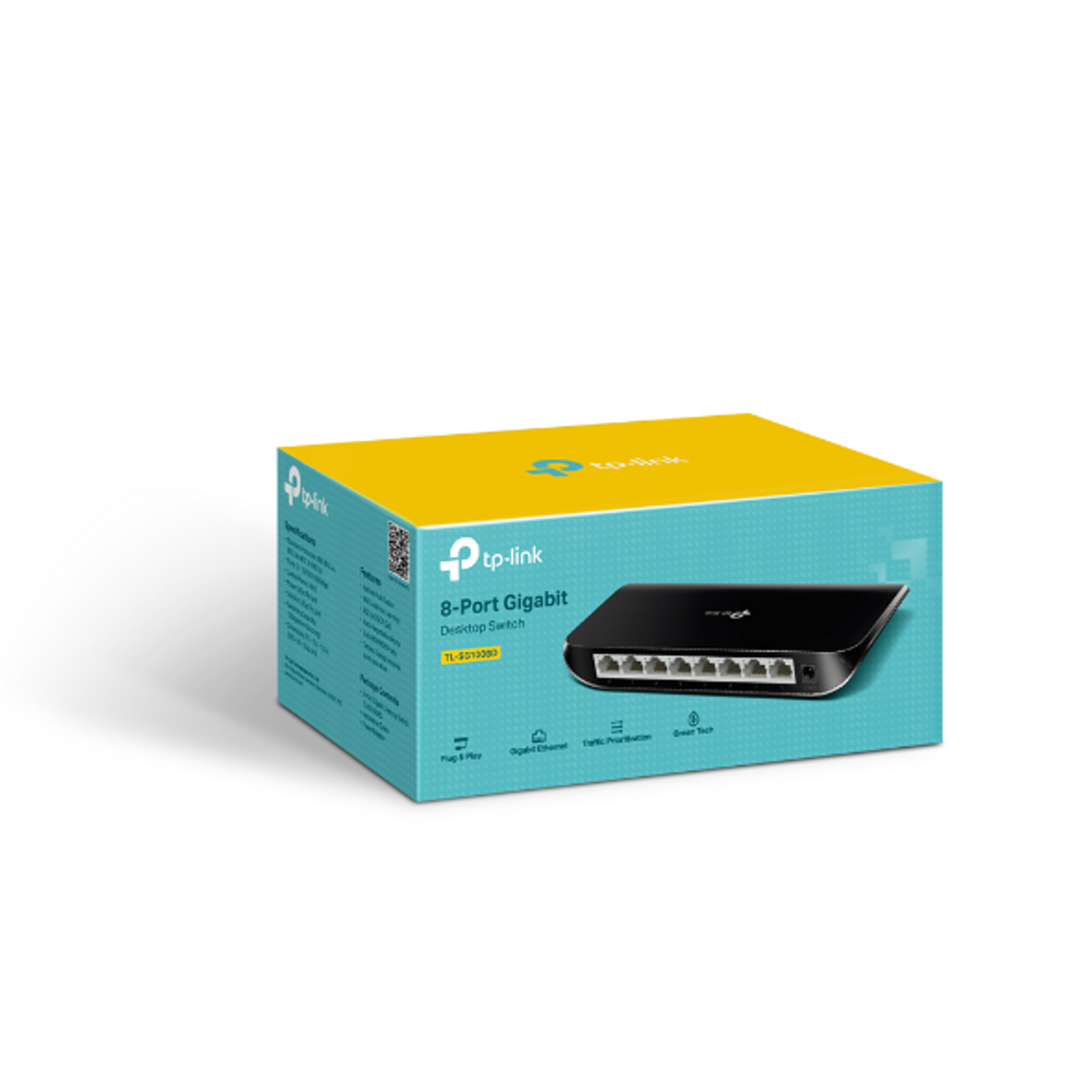 TP-Link 8-port gigabit switch retail box with product image and key specs