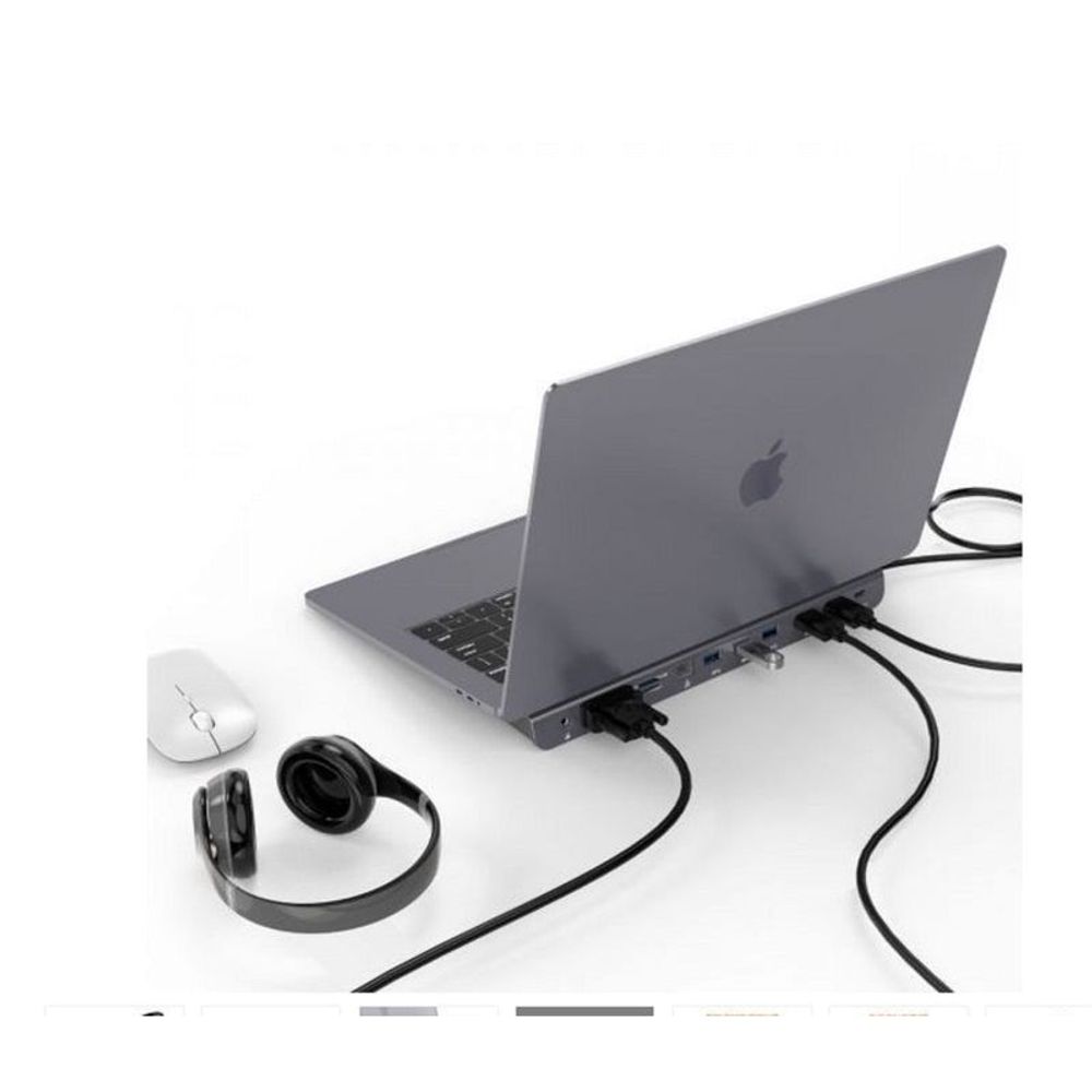 Gray USB-C multiport dock connected to a laptop with cables and mouse