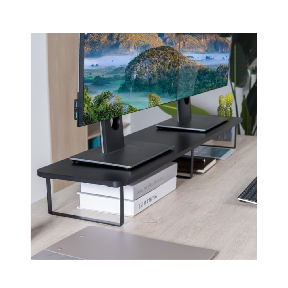 Black dual monitor riser stand with two platforms and stacked screen bases.