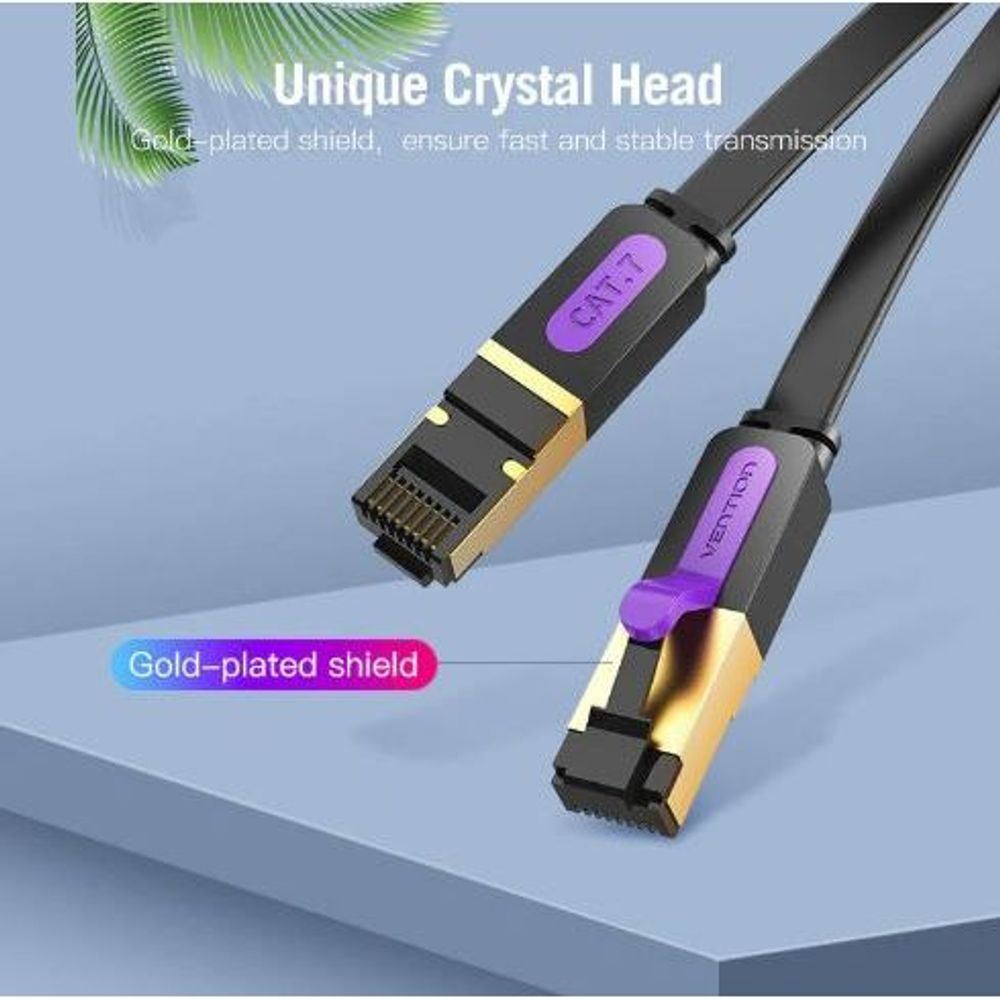 Cat7 flat RJ45 extension cable showing gold contacts and purple labeling