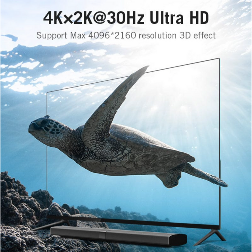 Vention HDMI switcher connected to a 4K UHD TV with a slim soundbar-style bar