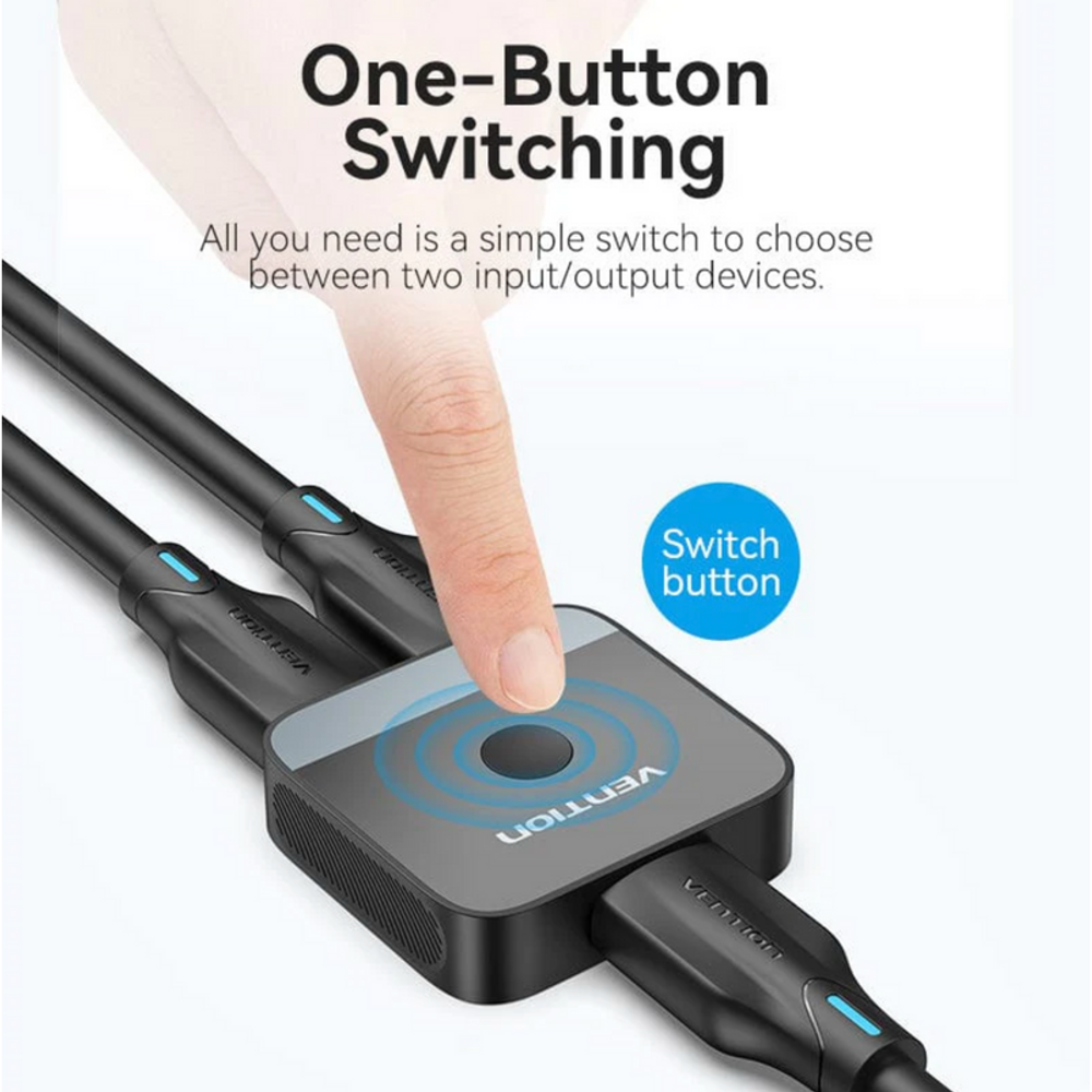 Black HDMI bi-directional switcher with one-button control between HDMI cables