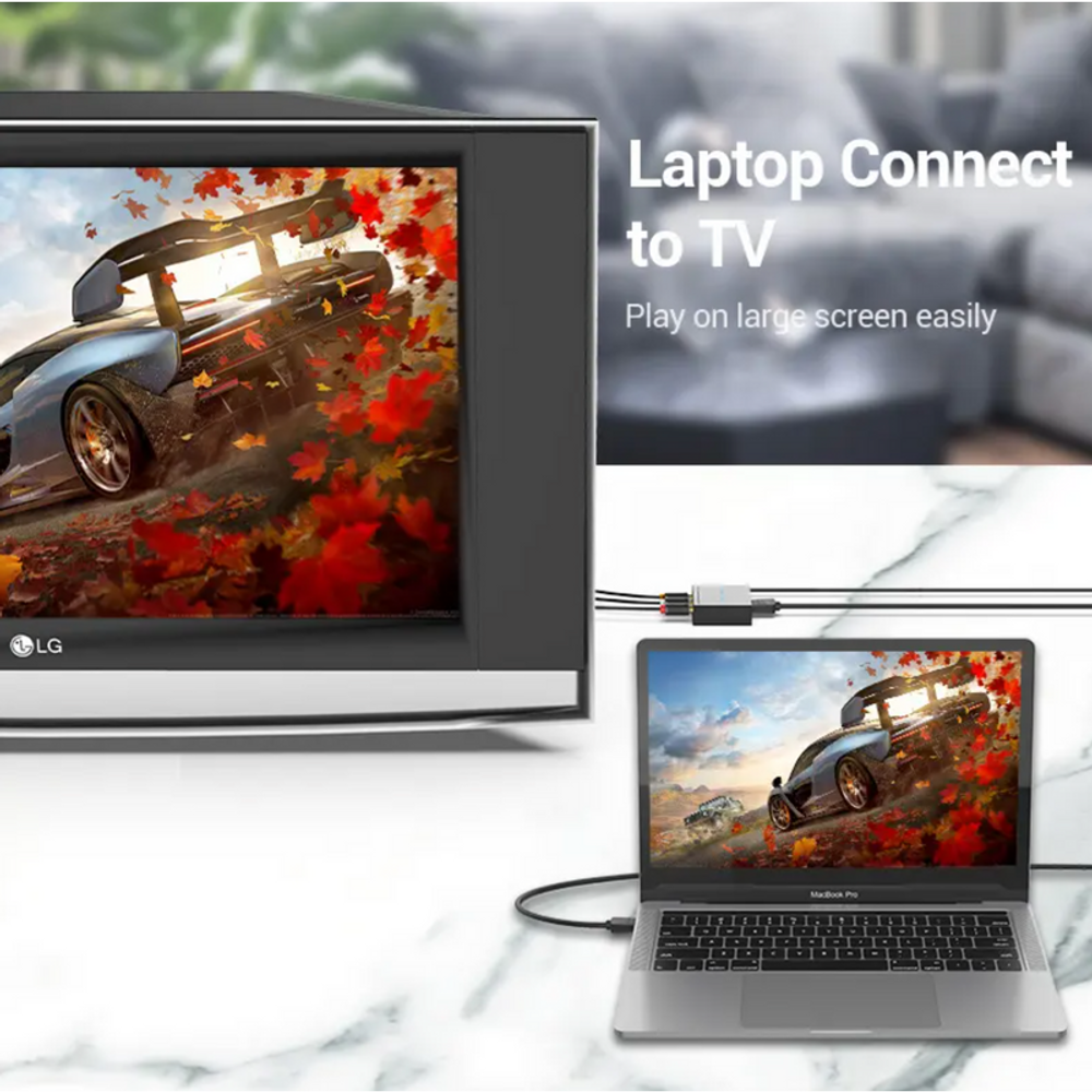 Black HDMI to RCA converter connected for laptop-to-TV playback with cables