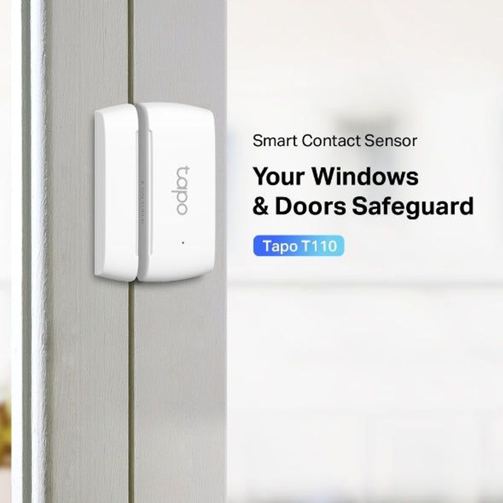 TP-Link Tapo T110 smart contact sensor mounted on window frame, white