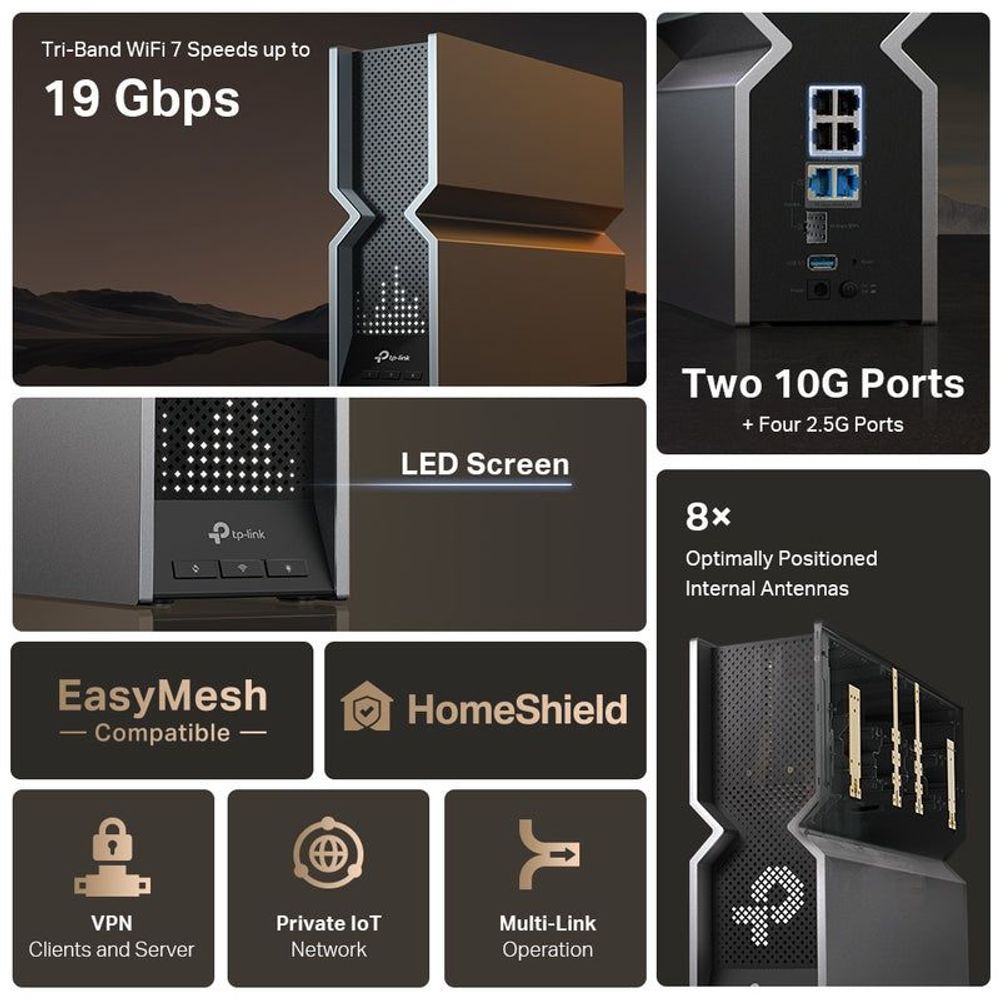 TP-Link Wi‑Fi 7 router features collage with LED screen and dual 10G ports
