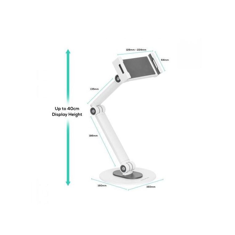 White universal tablet stand with adjustable height and viewing angles