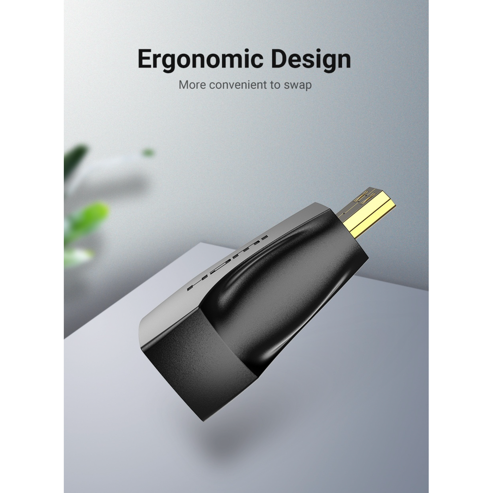Black Mini HDMI male to HDMI female adapter with gold-plated connector tip
