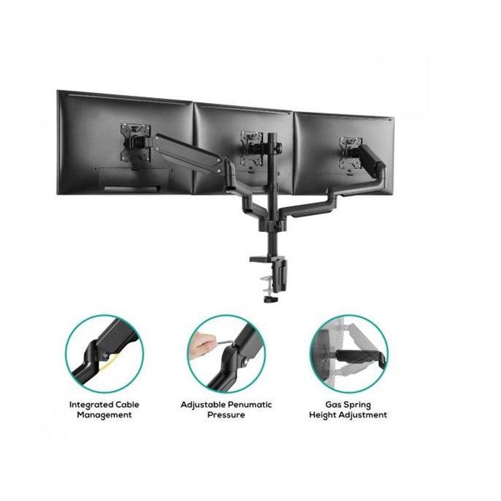 Triple monitor arm with integrated cable management and gas spring height adjustment