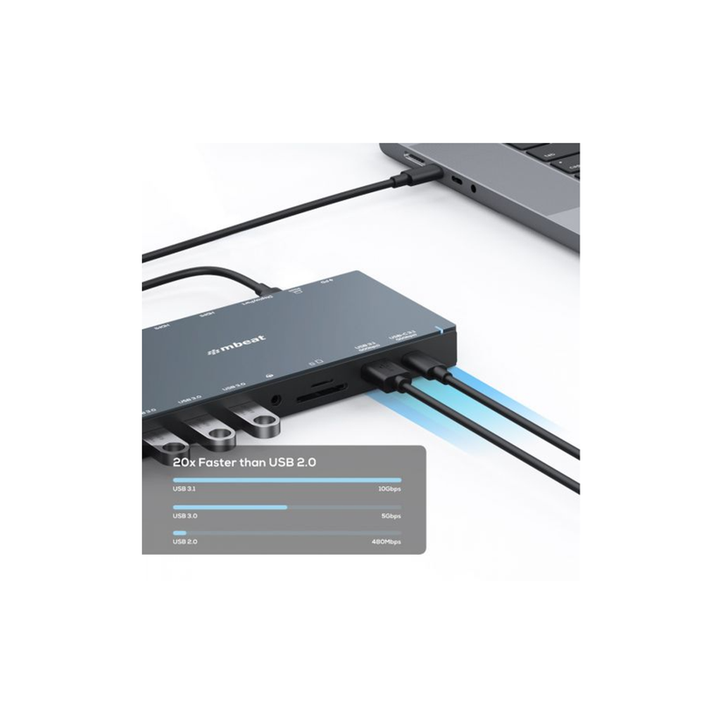 Space grey USB-C dock with front ports and several video/power cables connected