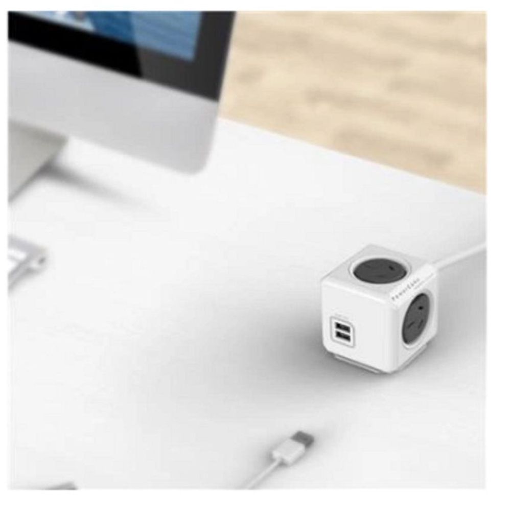 Grey power cube outlet adapter with USB port and AC socket, power cord attached