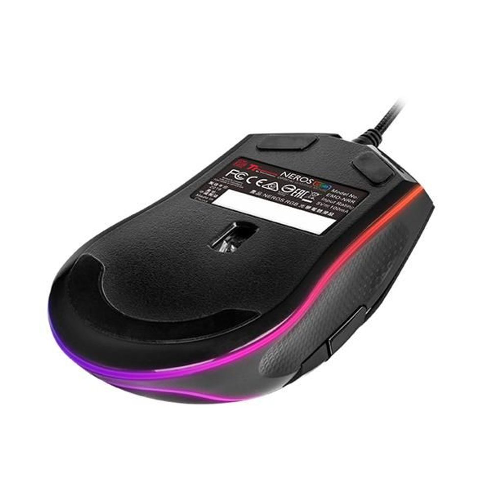 Bottom view of black wired RGB optical gaming mouse with feet and label panel