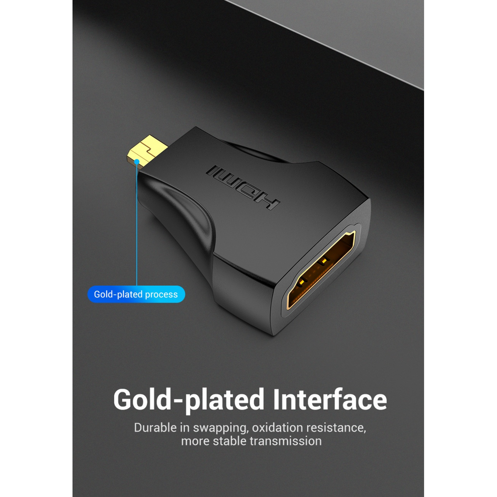 Black micro HDMI adapter with HDMI female port, gold-plated connector, compact housing