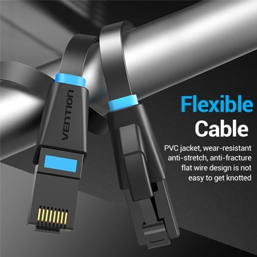 Black flexible flat Ethernet cable with two RJ45 connectors and blue trim
