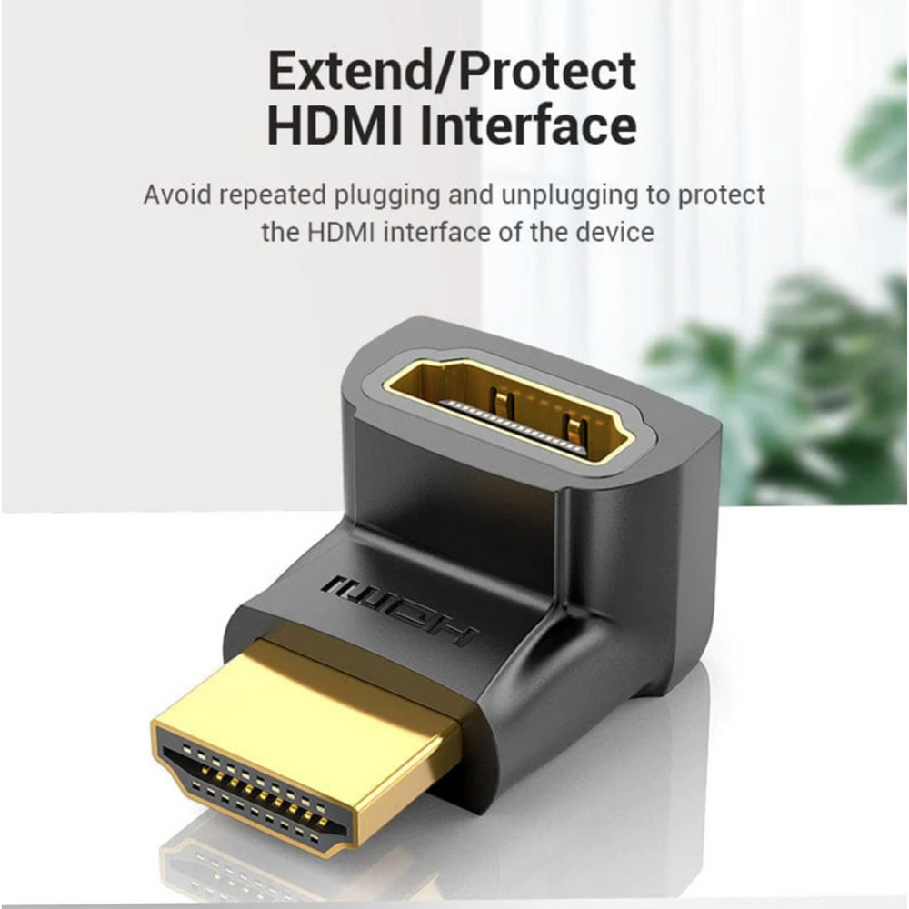 Black 270° HDMI male-to-female adapter side profile with gold female socket