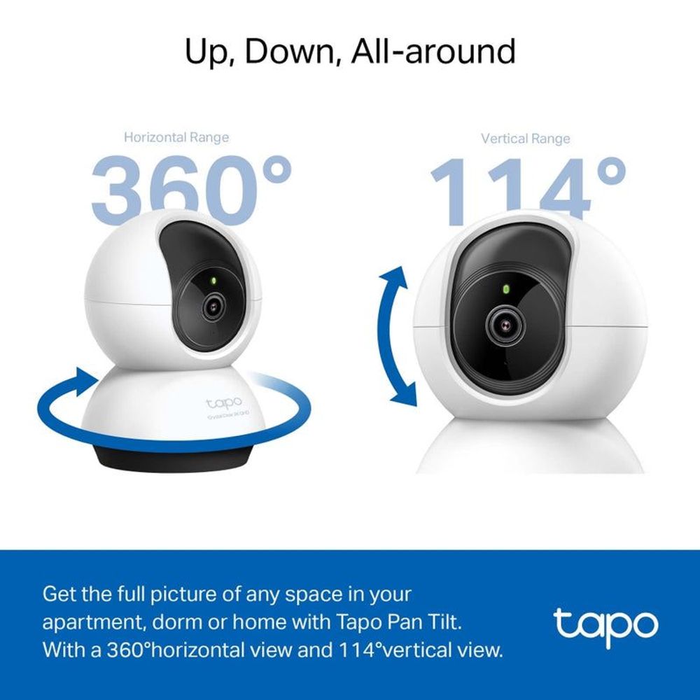 White pan-tilt security camera with black lens and circular wall-mounted dome base
