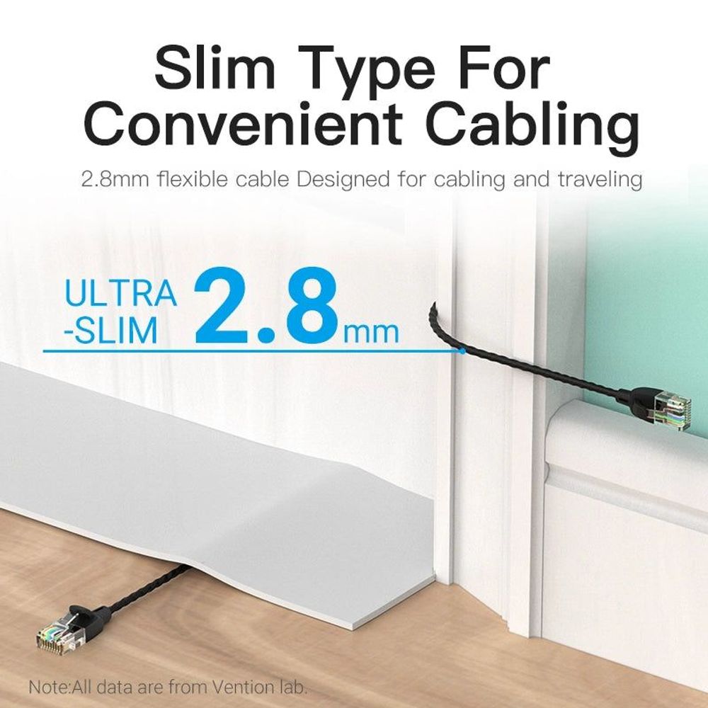 Slim black Cat6a patch cord with RJ45 plug for convenient cabling