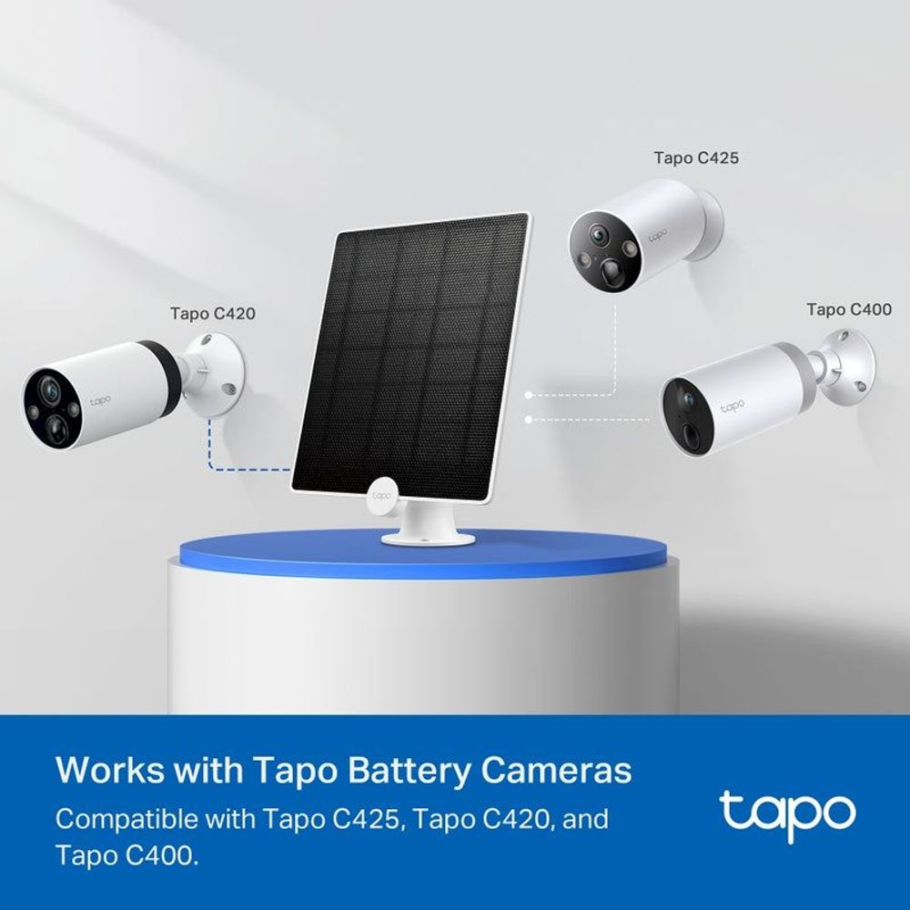 Solar panel with multiple outdoor security cameras and white mounting bases