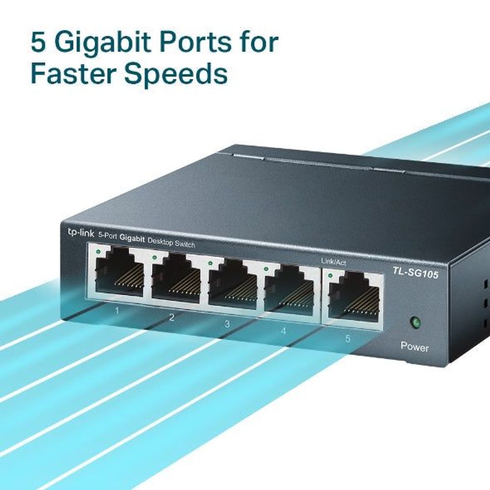 5-port Gigabit desktop switch shown from the side with RJ45 ports and Link/Act LEDs