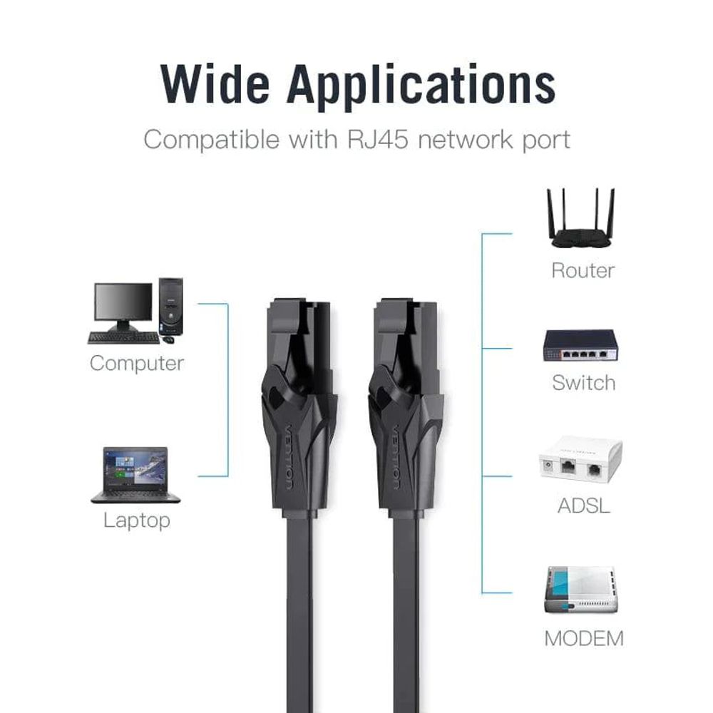 Pair of black RJ45 Ethernet patch cables, flat CAT6 UTP style