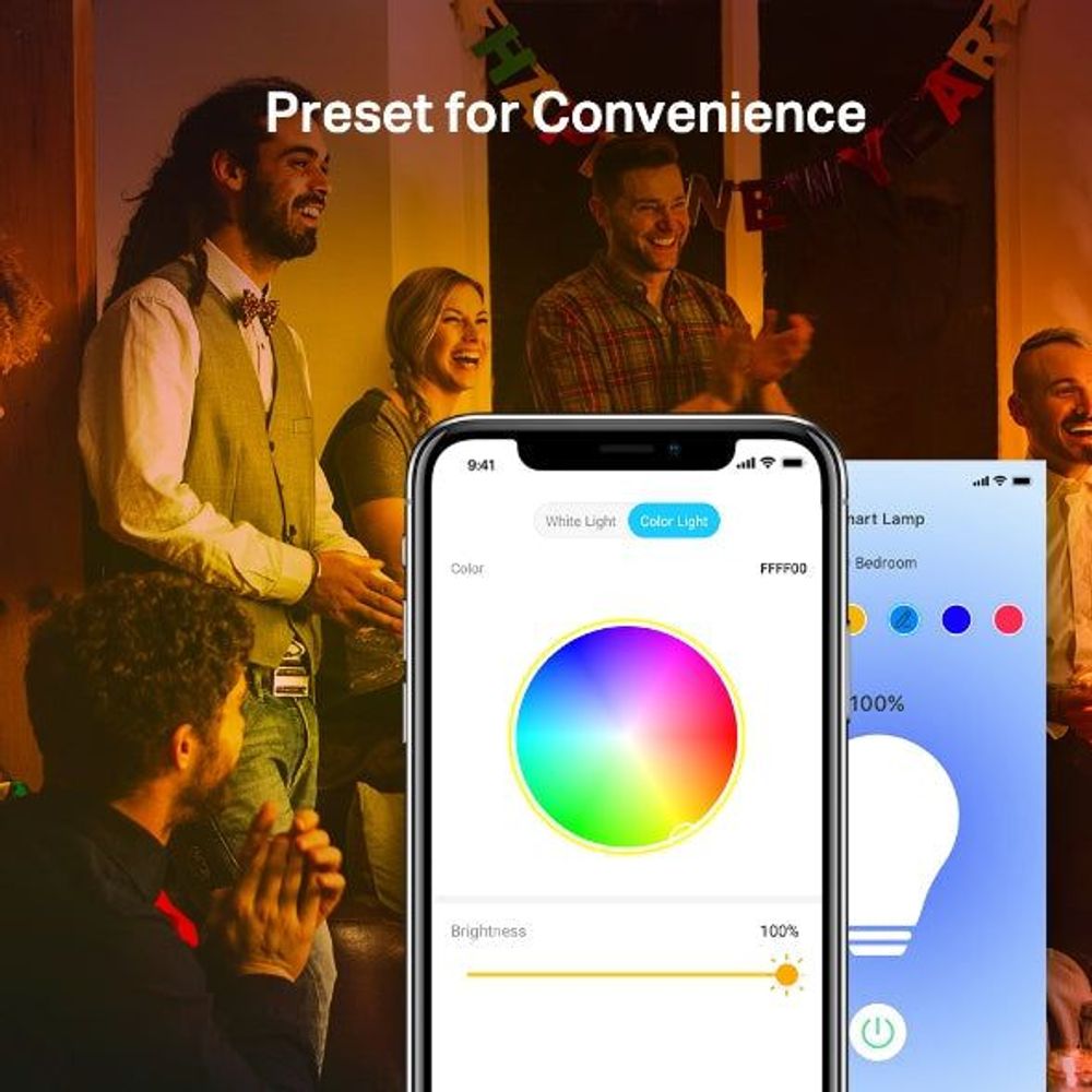 Phone app controls smart Wi‑Fi bulb color using a multicolor wheel