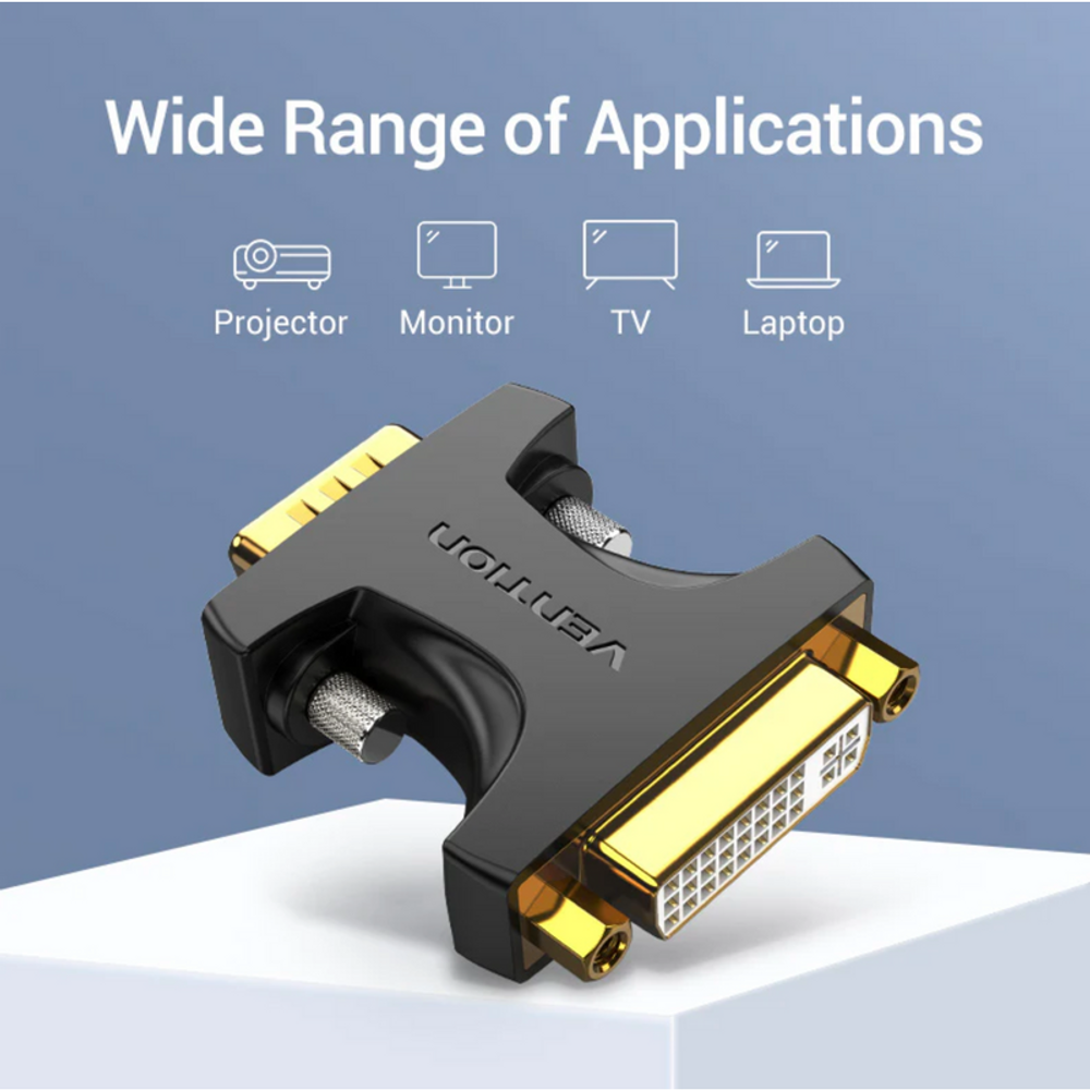 Black VGA to DVI adapter with gold-tone DVI connector and textured screw posts