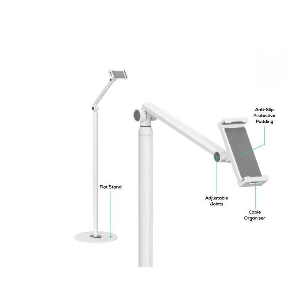 White adjustable tablet floor stand with anti-slip padding and cable organizer
